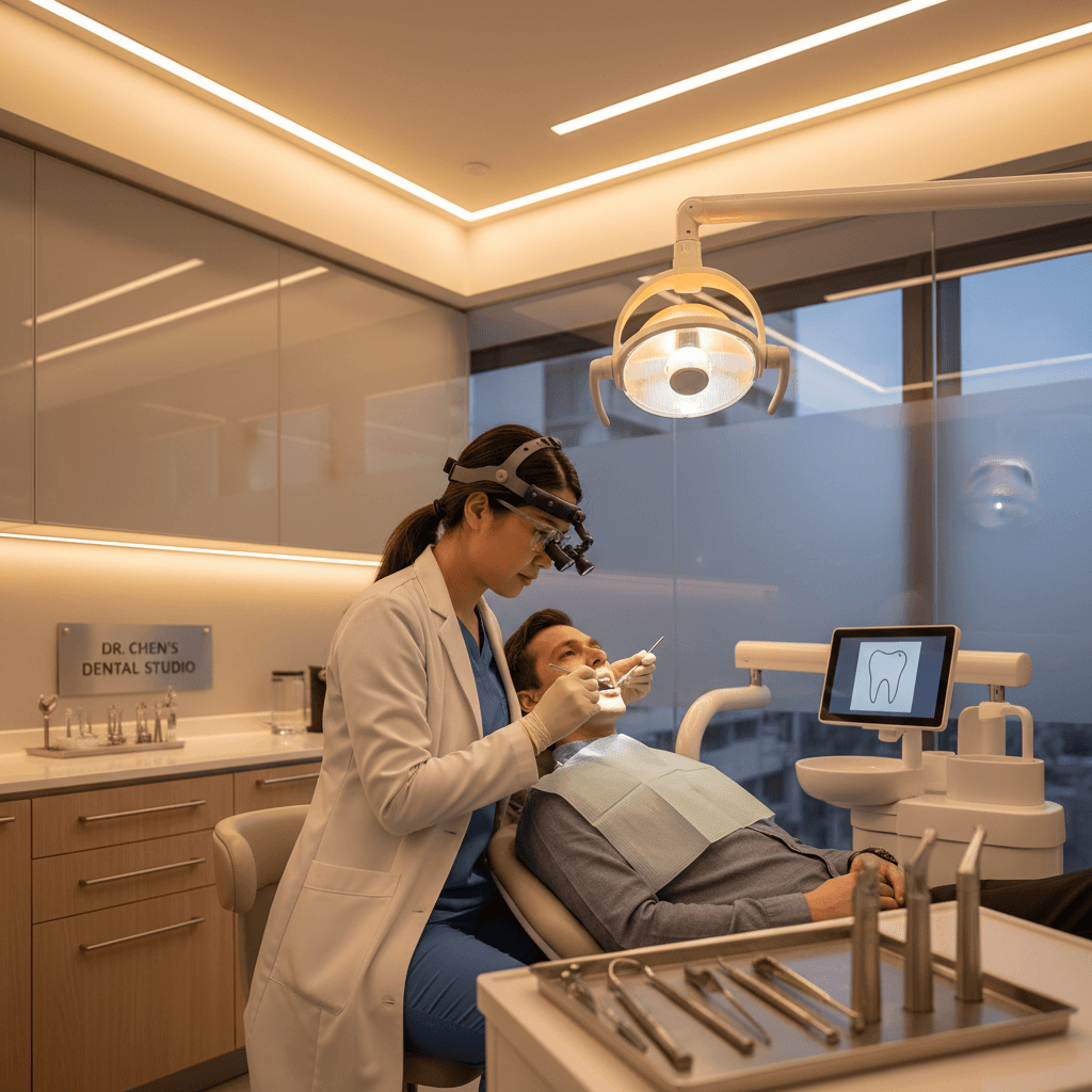 Dentista profesional con paciente en clínica moderna